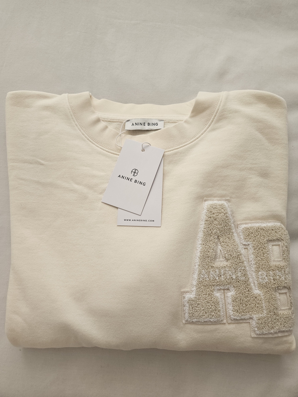 Anine Bing Miles Cream Crewneck Sweatshirt with Chenille 'AB' Patch
